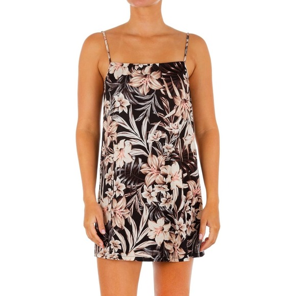 Hurley Black Hawaiiana Tropical Mini Slip Dress Cover Up, Large - Picture 1 of 8